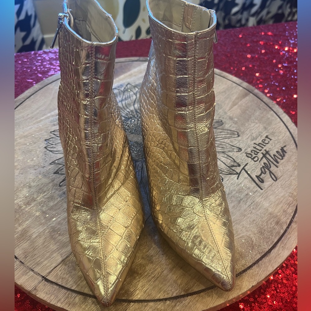Sam Edelman shiny metallic gold crocodile ankle boots